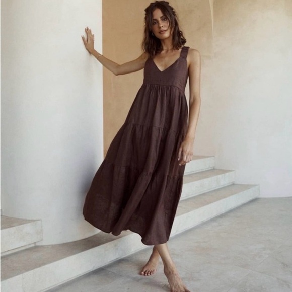 DISSH Dresses & Skirts - DISSH Brown Tiered Midi Linen Dress